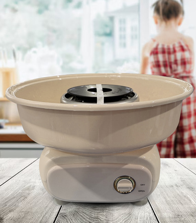 MASZYNA DO WATY CUKROWEJ ŻÓŁTA URZĄDZENIE ELEKTRYCZNE DOMOWE DO ROBIENIA WATY DO ZABAWY DLA DZIECI DOROSŁYCH MIARKA PATYCZKI MIESZADŁO NA PRZYJĘCIA IMPREZY