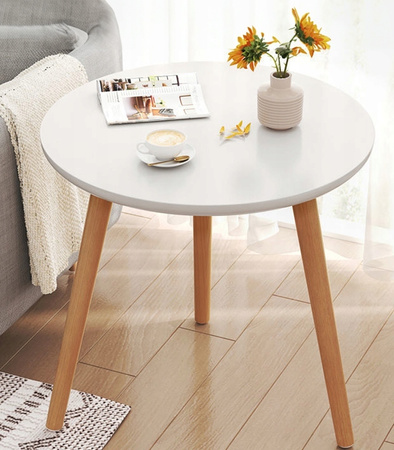 STOLIK KAWOWY OKRĄGŁY 40 CM DREWNIANY TRÓJNÓG DO SALONU STYL SKANDYNAWSKI