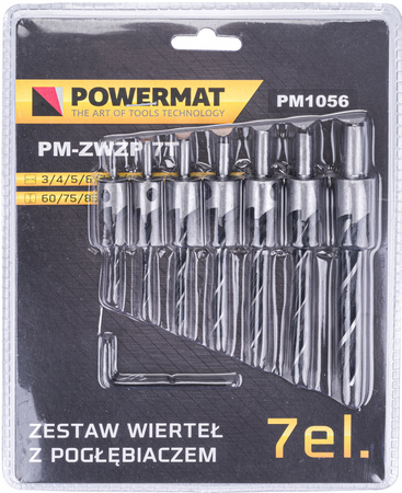 ZESTAW WIERTEŁ DO DREWNA Z POGŁĘBIACZEM WIERTŁA 7 PM-ZWZP-7T