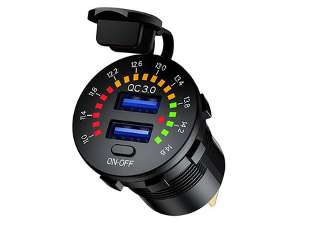 Ładowarka do zabudowy USB QC3.0 + USB 6A z woltomierzem i włącznikiem mechanicznym