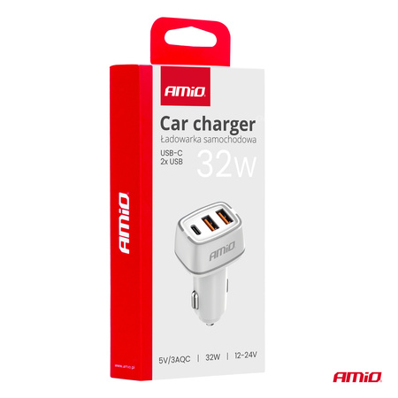 Ładowarka samochodowa 2x USB-A + USB-C 32W AMIO-03890
