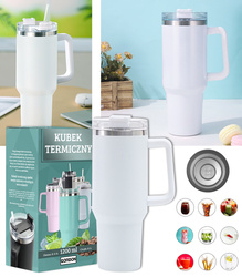 KUBEK TERMICZNY TERMOS ZE SŁOMKĄ BIAŁY STAL NIERDZEWNA UCHWYT NA CIEPŁE ZIMNE NAPOJE RURKA DUŻY XXL 1200 ML