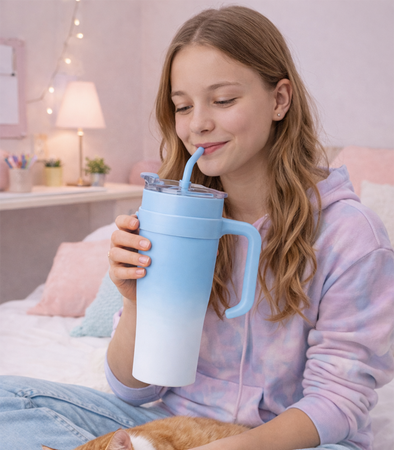 KUBEK TERMICZNY NIEBIESKO-BIAŁY 1200 ML BIDON DUŻY DO SAMOCHODU TERMOS ZE SŁOMKĄ KUBEK PODRÓŻNY TERMOS WIELOKROTNEGO UŻYTKU