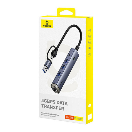 Hub 4w1 Baseus UltraJoy USB-A&USB-C do 3xUSB3.0+USB-C+RJ45 (szary)