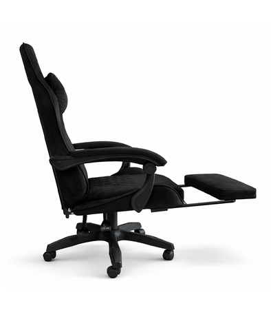 FOTEL GAMINGOWY CZARNY ZAMSZOWY Z PODNÓŻKIEM BIUROWY WYSOKI REGULOWANY ERGONOMYCZNY NOWOCZESNY OBROTOWY METALOWA RAMA DLA GRACZA DZIECI MŁODZIEŻY