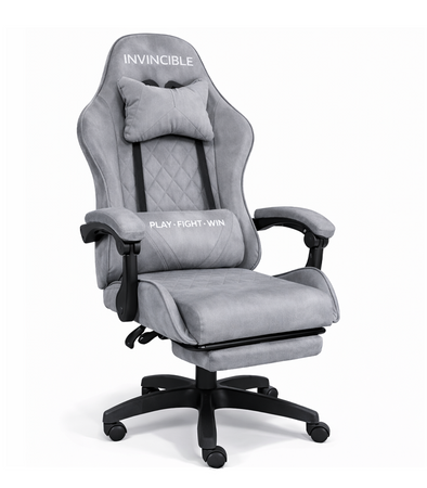 FOTEL GAMINGOWY ZAMSZOWY SZARY Z PODNÓŻKIEM Z CZARNĄ RAMĄ ERGONOMICZNY NOWOCZESNY OBROTOWY WYSOKI METALOWA RAMA DLA GRACZA DZIECI MŁODZIEŻY