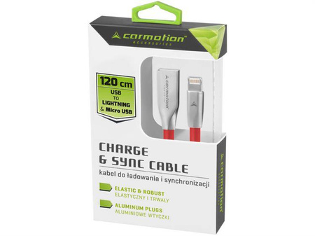 Kabel do ładowania i synchronizacji, 120 cm, USB > zespolone micro USB & Lightning, czerwony