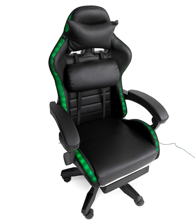 FOTEL GAMINGOWY LED Z PODNÓŻKIEM CZARNY REGULOWANY OBROTOWY NOWOCZESNY PILOT KOLORY RGB  MASAŻER DO GIER DLA GRACZA