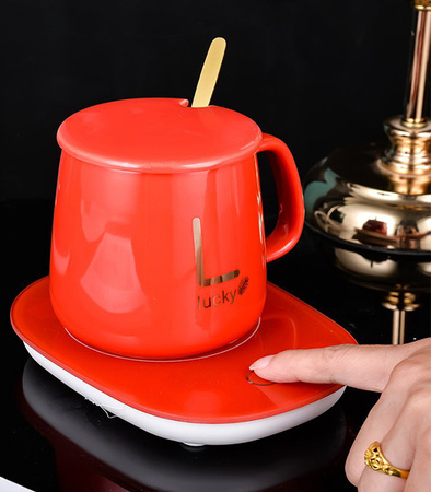 PODGRZEWACZ DO KUBKA ZESTAW CERAMICZY ZASILANY PREZENTOWY ŁYŻKA WIECZKO KUBEK DO HERBATY KAWY