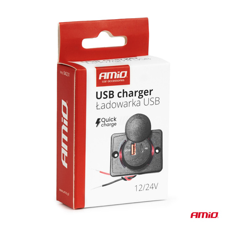 Ładowarka samochodowa z gniazdami USB wodoodporna kwadratowa USB + USB-C QC3.0 12V 24V AMIO-04231