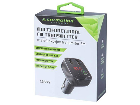 Transmiter FM LED + HandsFree + woltomierz 8-30V + ładowarka 2x USB 3.4A