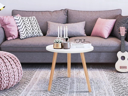 STOLIK KAWOWY OKRĄGŁY 40 CM DREWNIANY TRÓJNÓG DO SALONU STYL SKANDYNAWSKI