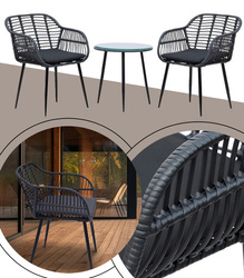 ZESTAW MEBLI OGRODOWYCH NAPOLI CZARNY KRZESŁA STOLIK PODUSZKI SZKŁO HARTOWANE TECHNORATTAN BOHO PLECIONKA