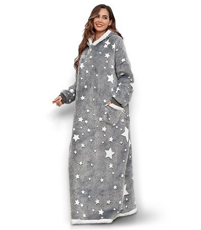 BLUZOKOC SZARY W GWIAZDKI PONCZO BLUZA Z KAPTUREM KIESZEŃ DŁUGI POLAR OVERSIZE 100% POLIESTER DLA MŁODZIEŻY DOROSŁYCH