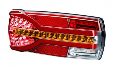 Lampa zespolona tylna HOR 87 - Carmen, diodowa 12/24 V, lewa, bez oświetlenia tablicy rejestracyjnej, przewód 6x0,5 mm2, długość 0,3 m + peszel + gniazdo 7-pin (nakładki na światło hamowania)