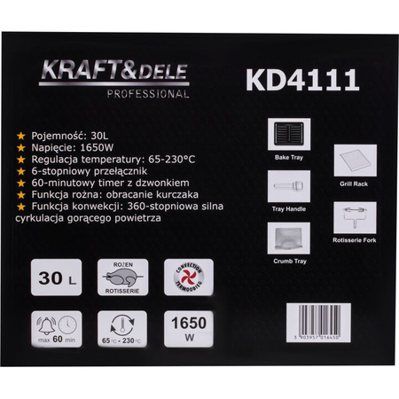 KUCHENKA ELEKTRYCZNA 30L 1650W FUNKCJA ROŻNA+AKCESORIA KD4111