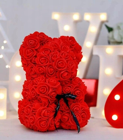 MIŚ Z RÓŻ 40 CM ROSE BEAR Z PŁATKÓW RÓŻ KOKARDA PUDEŁKO NA PREZENT