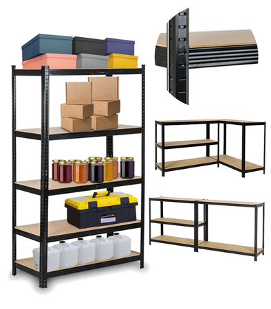 REGAŁ MAGAZYNOWY 180 CM CZARNY METALOWY GARAŻOWY WARSZTATOWY 5 POZIOMÓW PŁYTA MDF DO PRZECHOWYWANIA DO MAGAZYNU GARAŻU PIWNICY