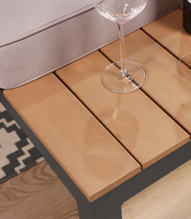 ZESTAW MEBLI OGRODOWYCH NAROŻNIK STOLIK DREWNIANY ALUMINIOWY DUŻY PODUSZKI DLA 6 OSÓB DO OGRODU NA TARAS