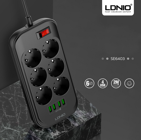 Listwa zasilająca 6 Gniazda + 4x szybkie ładowanie USB Przedłużacz