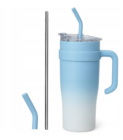 KUBEK TERMICZNY NIEBIESKO-BIAŁY 1200 ML BIDON DUŻY DO SAMOCHODU TERMOS ZE SŁOMKĄ KUBEK PODRÓŻNY TERMOS WIELOKROTNEGO UŻYTKU