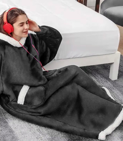 BLUZOKOC CZARNY PONCZO BLUZA Z KAPTUREM KIESZEŃ DŁUGI POLAR OVERSIZE 100% POLIESTER DLA MŁODZIEŻY DOROSŁYCH