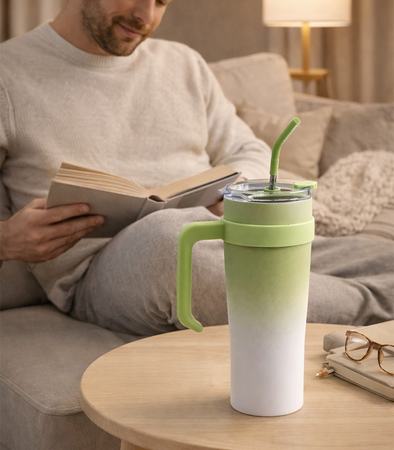 KUBEK TERMICZNY ZIELONO-BIAŁY 1200 ML BIDON DUŻY DO SAMOCHODU TERMOS ZE SŁOMKĄ KUBEK PODRÓŻNY TERMOS WIELOKROTNEGO UŻYTKU