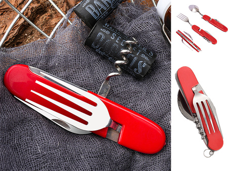 SCYZORYK NÓŻ SKŁADANY WIELOFUNKCYJNY 4W1 ŁYŻKA WIDELEC OTWIERACZ DO BUTELEK KORKOCIĄG NIEZBĘDNIK TURYSTYCZNY CZERWONY