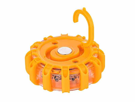 Lampa - flara ostrzegawcza 12 LED + 3 LED, mocowana na magnes i hak, zasilanie 3x AAA, pomarańczowa