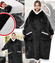 BLUZOKOC CZARNY PONCZO BLUZA Z KAPTUREM KIESZEŃ DŁUGI POLAR OVERSIZE 100% POLIESTER DLA MŁODZIEŻY DOROSŁYCH