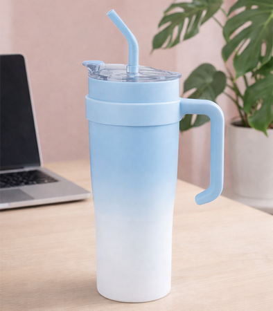 KUBEK TERMICZNY NIEBIESKO-BIAŁY 1200 ML BIDON DUŻY DO SAMOCHODU TERMOS ZE SŁOMKĄ KUBEK PODRÓŻNY TERMOS WIELOKROTNEGO UŻYTKU