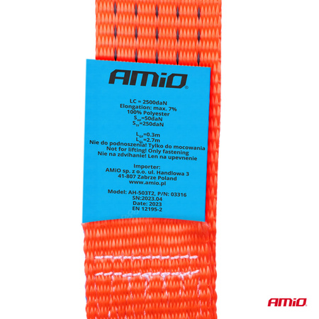 Pas transportowy z napinaczem do lawet 5T 5000kg 50mm 3m AMIO-03316