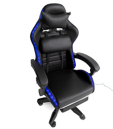 FOTEL GAMINGOWY LED Z PODNÓŻKIEM CZARNY REGULOWANY OBROTOWY NOWOCZESNY PILOT KOLORY RGB  MASAŻER DO GIER DLA GRACZA