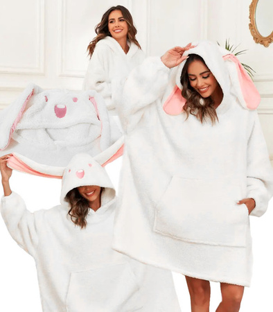 BLUZOKOC BIAŁY Z USZAMI PONCZO BLUZA Z KAPTUREM KRÓLIK KIESZEŃ KANGUR POLAR OVERSIZE 100% POLIESTER DLA MŁODZIEŻY DOROSŁYCH