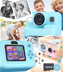 APARAT FOTOGRAFICZNY Z DRUKARKĄ NIEBIESKI WIDEO GRY NATYCHMIASTOWY DRUK 3 ROLKI USB DLA DZIECI