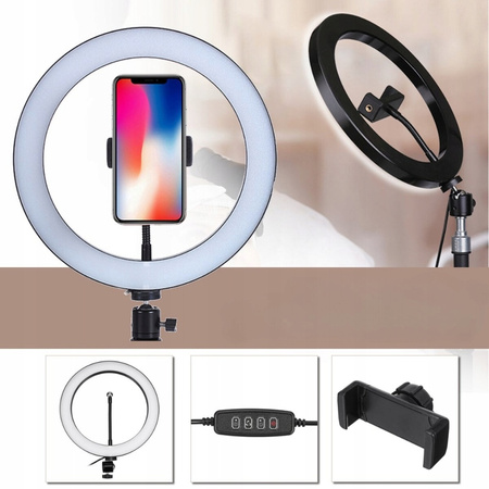 LAMPA PIERŚCIENIOWA STOJĄCA 10" LED 3 TRYBY STATYW PILOT ŁADOWANIE USB RING SELFIE