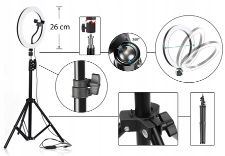 LAMPA PIERŚCIENIOWA STOJĄCA 10" LED 3 TRYBY STATYW PILOT ŁADOWANIE USB RING SELFIE