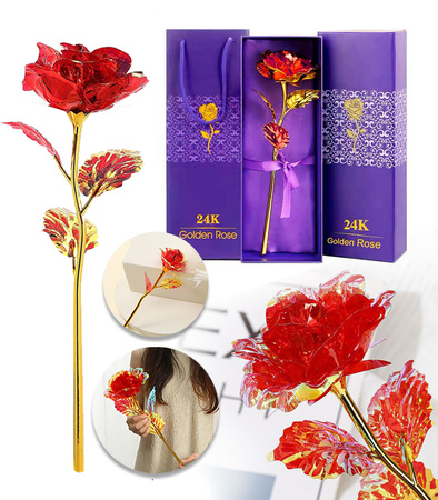 WIECZNA RÓŻA CZERWONA OZDOBNE ELEGANCKIE PUDEŁKO NA PREZENT ZŁOTA ŁODYGA