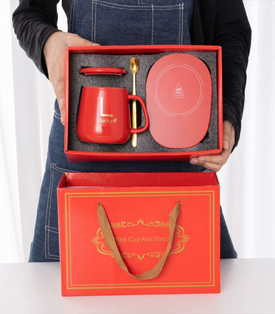 PODGRZEWACZ DO KUBKA ZESTAW CERAMICZY ZASILANY PREZENTOWY ŁYŻKA WIECZKO KUBEK DO HERBATY KAWY