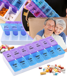 POJEMNIK KASETKA NA LEKI ORGANIZER TYGODNIOWY PLASTIKOWY RANO WIECZÓR ROZKŁADANY 7 DNI TYGODNIA NA LEKI