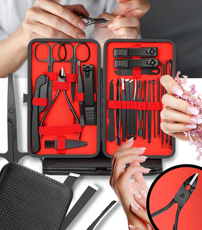 ZESTAW DO MANICURE 24 ELEMENTY CZARNY PROFESJONALNY PRZENOŚNY OBCINACZ DO PAZNOKCI NOŻYCZKI