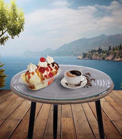 ZESTAW MEBLI OGRODOWYCH NAPOLI BRĄZOWY KRZESŁA STOLIK PODUSZKI SZKŁO HARTOWANE TECHNORATTAN BOHO PLECIONKA