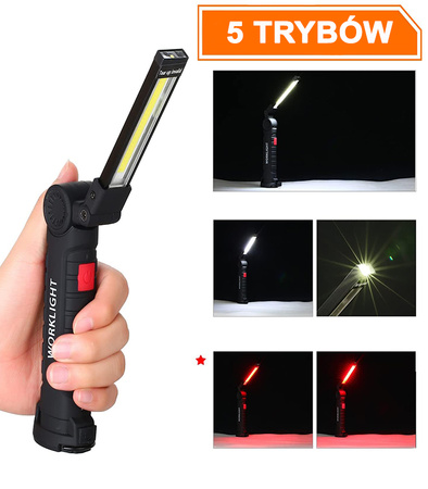 LAMPA WARSZTATOWA GARAŻOWA LED COB MOCNA SKŁADANA 5 TRYBÓW MAGNES HAK AKUMULATOR