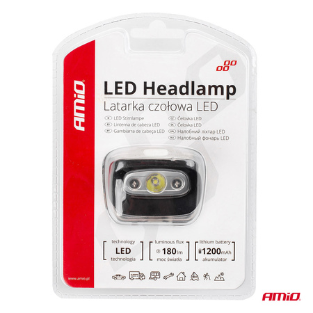 Latarka czołowa LED 3W akumulator 1200mA 180Flux IPX4 AMIO-02200