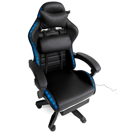 FOTEL GAMINGOWY LED Z PODNÓŻKIEM CZARNY REGULOWANY OBROTOWY NOWOCZESNY PILOT KOLORY RGB  MASAŻER DO GIER DLA GRACZA