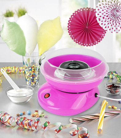 MASZYNA DO WATY CUKROWEJ RÓŻOWA URZĄDZENIE ELEKTRYCZNE DO ROBIENIA WATY DO ZABAWY MIARKA PATYCZKI DLA DZIECI DOROSŁYCH NA PRZYJĘCIA IMPREZY
