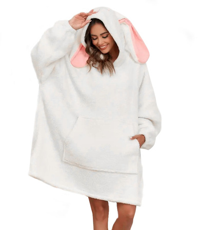 BLUZOKOC BIAŁY Z USZAMI PONCZO BLUZA Z KAPTUREM KRÓLIK KIESZEŃ KANGUR POLAR OVERSIZE 100% POLIESTER DLA MŁODZIEŻY DOROSŁYCH