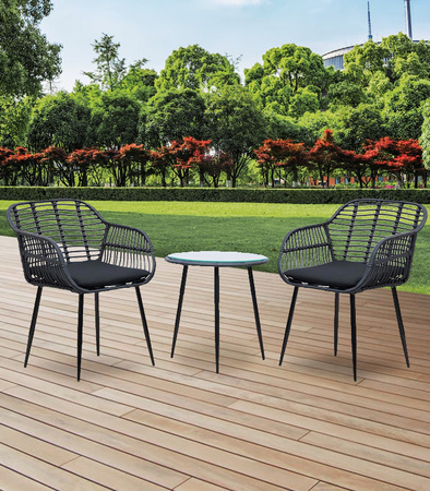 ZESTAW MEBLI OGRODOWYCH NAPOLI CZARNY KRZESŁA STOLIK PODUSZKI SZKŁO HARTOWANE TECHNORATTAN BOHO PLECIONKA