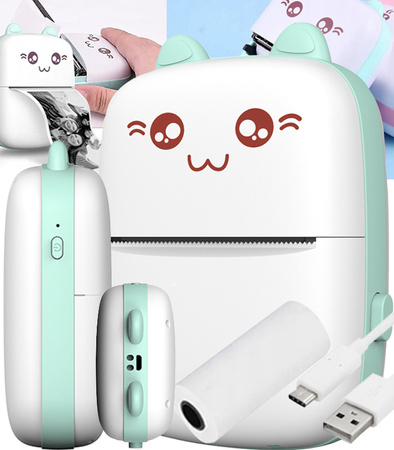 DRUKUŚ MINI DRUKARKA TERMICZNA KOTEK PRZENOŚNY BEZPRZEWODOWY NATYCHMIASTOWY BLUETOOTH ROLKA KABEL USB