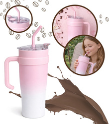 KUBEK TERMICZNY RÓŻOWO-BIAŁY 1200 ML BIDON DUŻY DO SAMOCHODU TERMOS ZE SŁOMKĄ KUBEK PODRÓŻNY TERMOS WIELOKROTNEGO UŻYTKU